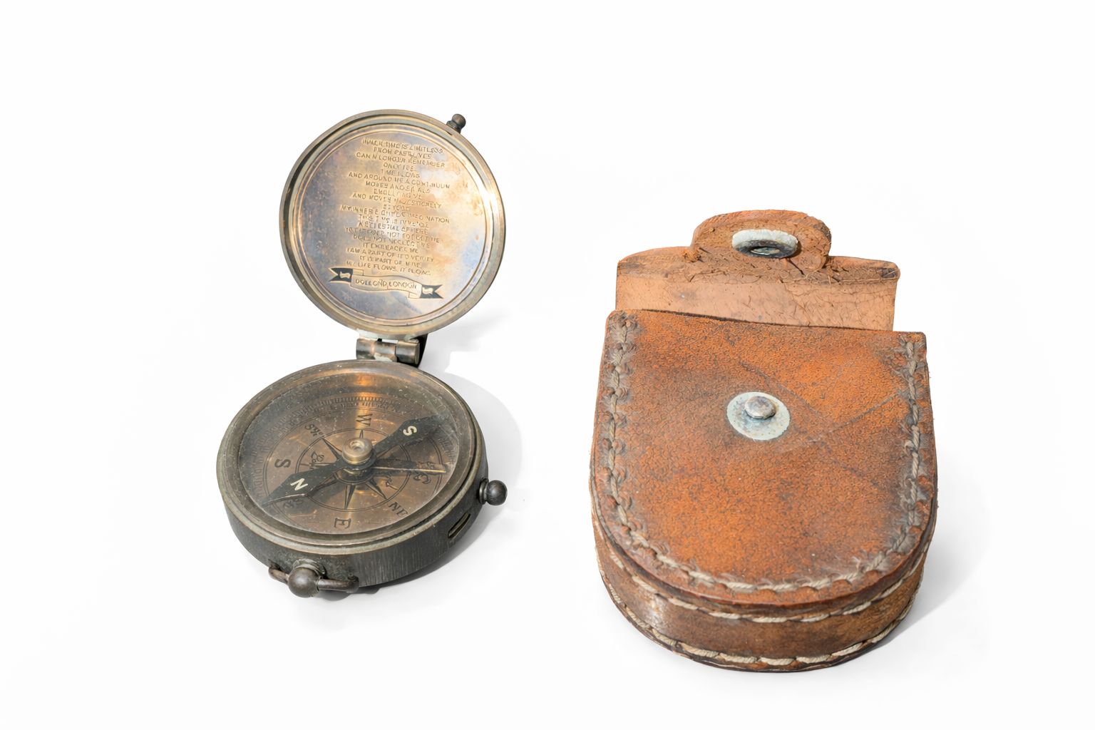 antique brass poem pocket compass with embossed leather case antique brass poem pocket compass with embossed leather case