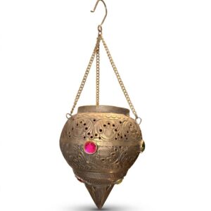 antique metallic hanging incense burner with colored gem accents