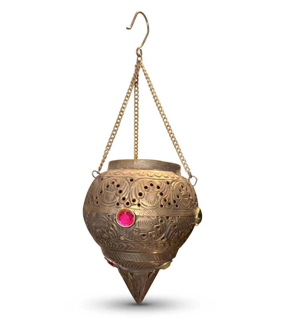 antique metallic hanging incense burner with colored gem accents antique metallic hanging incense burner with colored gem accents