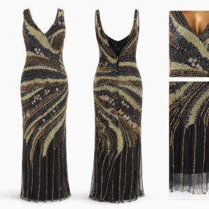 art deco sequin & bead embroidered italian evening gown size 42