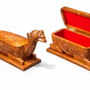 artisanal 1 piece hand carved natural brown wooden camel shaped jewelry box