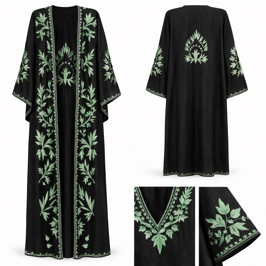 botanical ari work linen abaya sage & black (free size) botanical ari work linen abaya sage & black (free size)