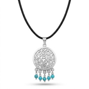circular calligraphy silver pendant with turquoise droplets