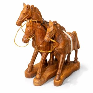 elegant 3 piece hand carved natural wood finish horse set