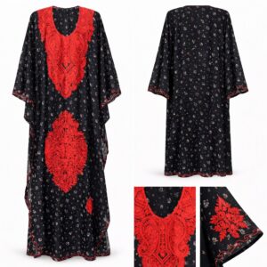 embroidered chiffon kaftan dress black & red