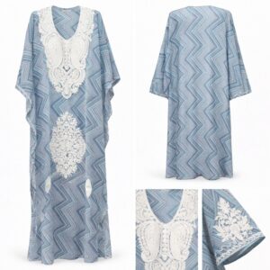 embroidered georgette long dress kaftan blue & white zigzag pattern
