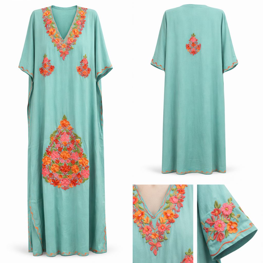 exotic floral ari embroidered long dress seafoam & marigold (free size)