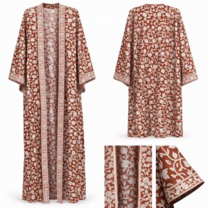floral embroidered crush cotton abaya rust & cream