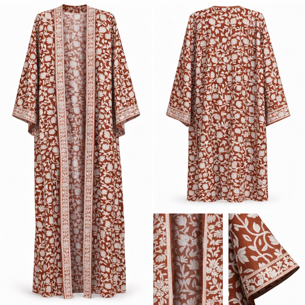 floral embroidered crush cotton abaya rust & cream