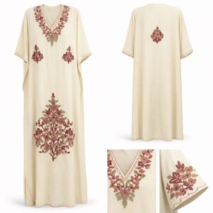 floral garden ari embroidered long kaftan dress cream & dusty rose (free size)