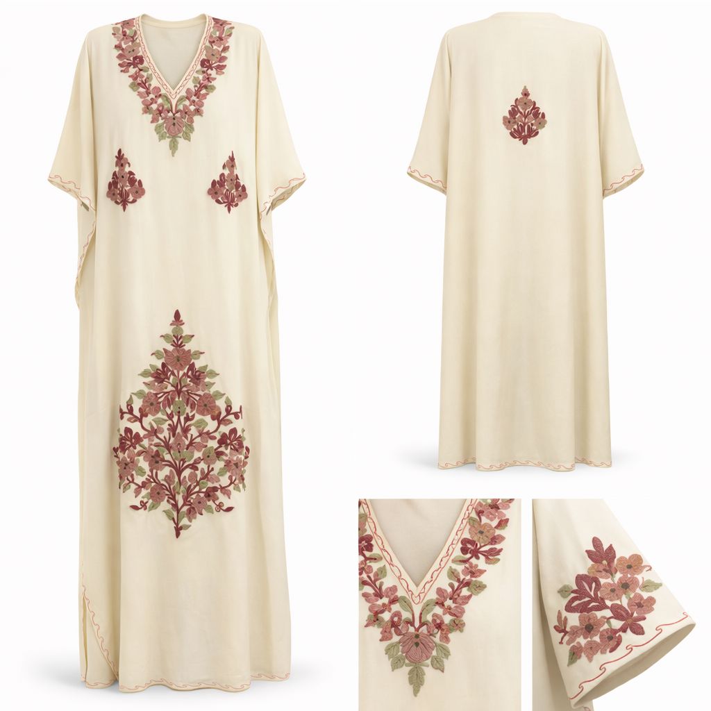 floral garden ari embroidered long kaftan dress cream & dusty rose (free size) floral garden ari embroidered long kaftan dress cream & dusty rose (free size)