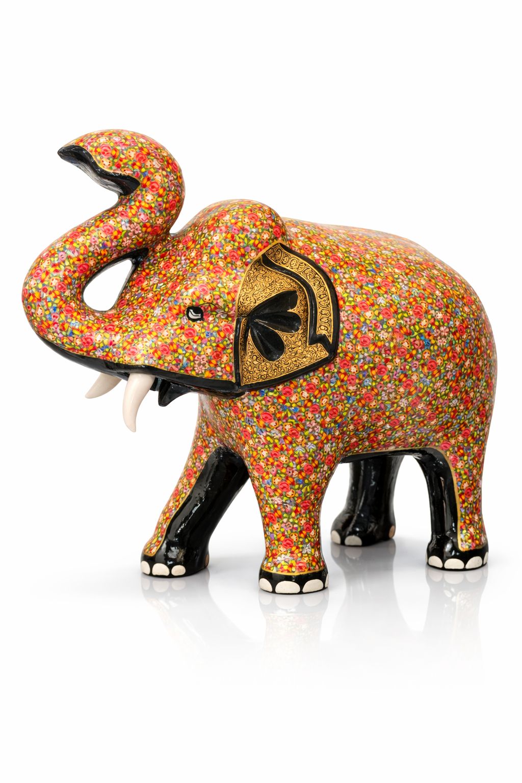 grand 18 inch royal kashmiri papier mâché elephant (hand painted gold naqashi) grand 18 inch royal kashmiri papier mâché elephant (hand painted gold naqashi)