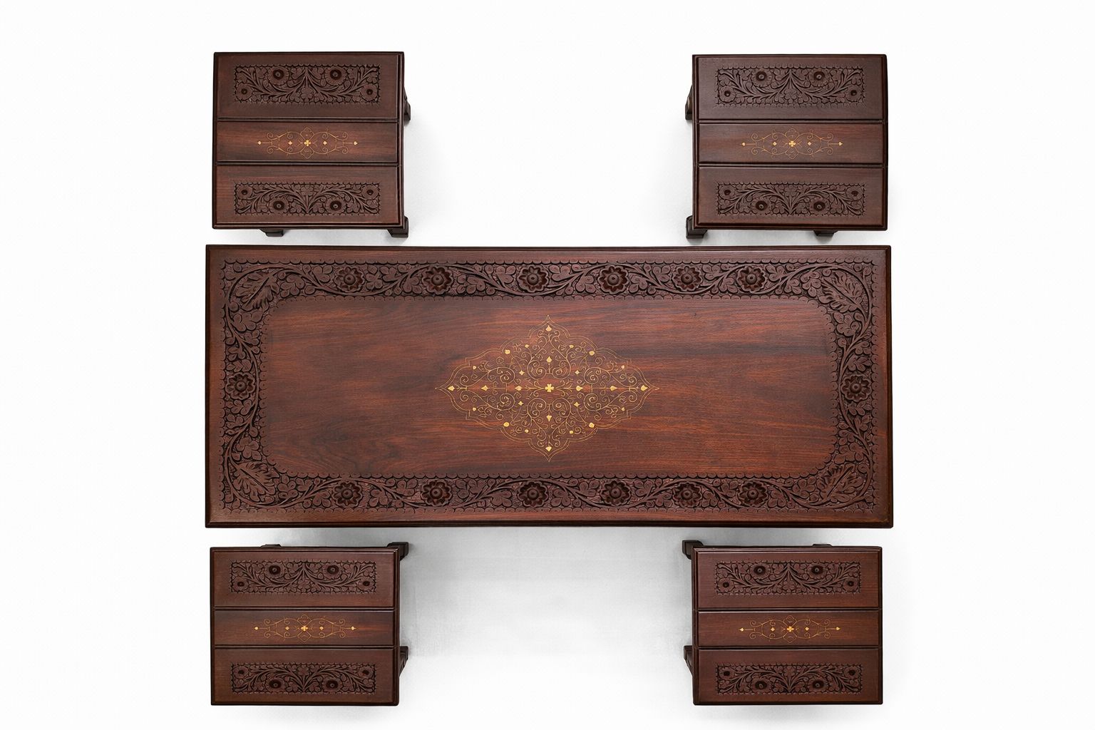 hand carved walnut butler set of 4 tables with brass inlay style hand carved walnut butler set of 4 tables with brass inlay style