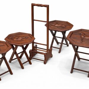 hand carved walnut folding picnic table set with horse relief