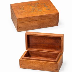 hand carved wooden box with brass inlay design