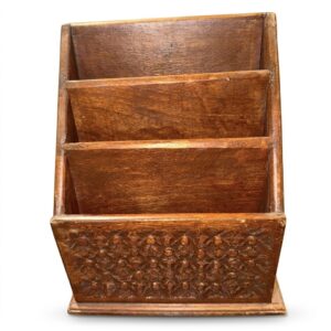 hand carved wooden desk organizer and letter rack