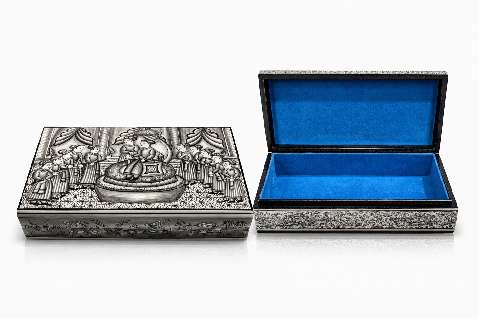 hand painted papier mâché box black & silver 10x7 inches hand painted papier mâché box black & silver 10x7 inches
