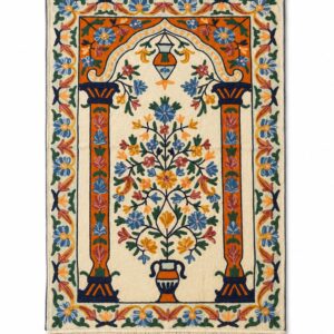 handmade chain stitch prayer rug mihrab and tree of life design cream and orange