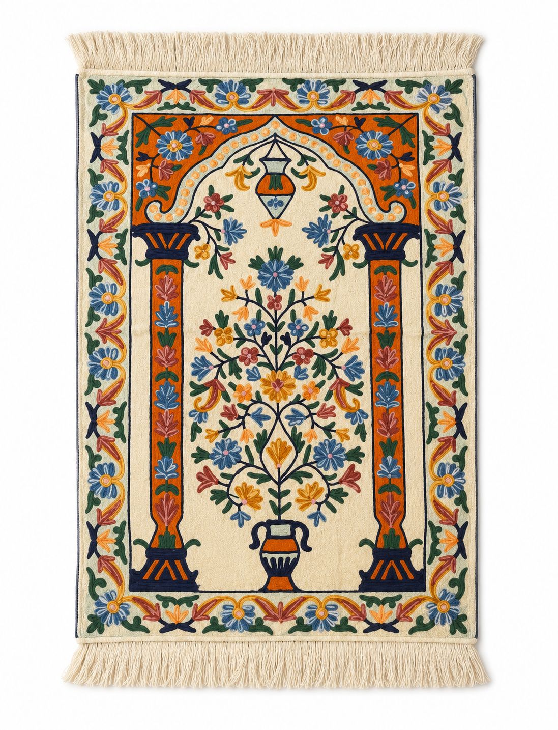 handmade chain stitch prayer rug mihrab and tree of life design cream and orange