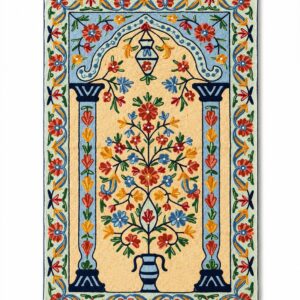 handmade chain stitch prayer rug mihrab and tree of life design light blue and beige