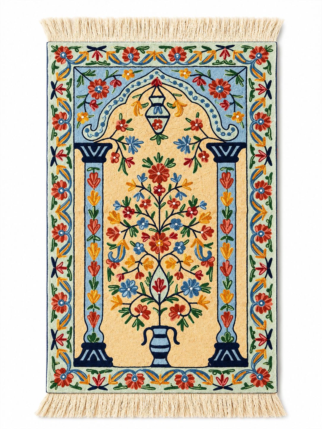 handmade chain stitch prayer rug mihrab and tree of life design light blue and beige