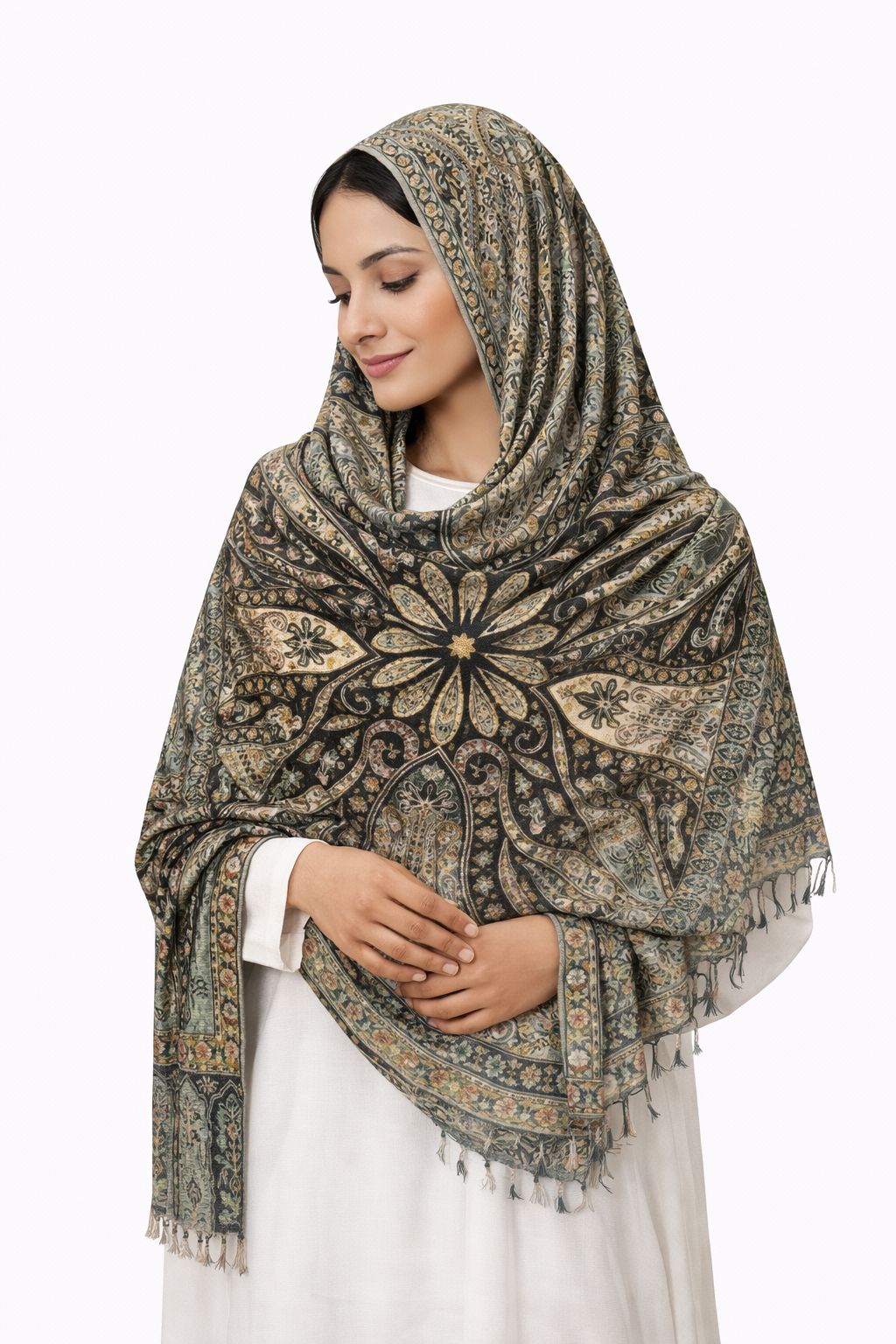 kalamkari stole black and olive green