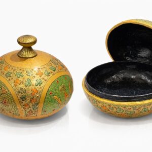 kashmiri hand painted papier mâché powder box gold & floral 8 inch