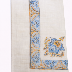 khazir cream pashmina shawl with royal gold tilla & sequin accents.
