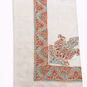 khazir white pashmina shawl with pastel multicolor sozni needlework.