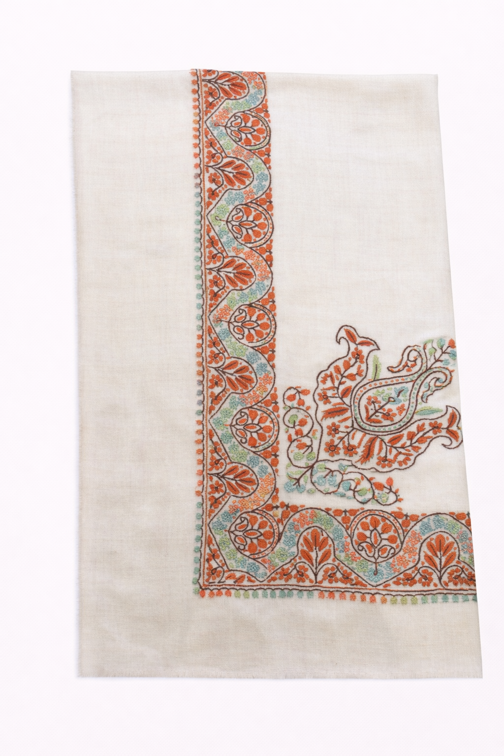 khazir white pashmina shawl with pastel multicolor sozni needlework.
