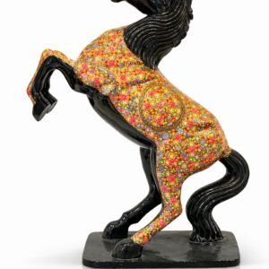 majestic rearing horse (multi color floral & black lacquer style), 24 inch
