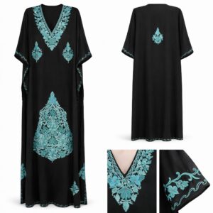 midnight teal ari embroidered long kaftan dress black & turquoise (free size)