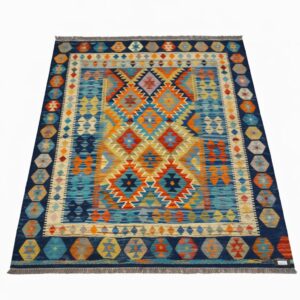pakistani maimana kilim (5x7 feet) in royal blue & terracotta