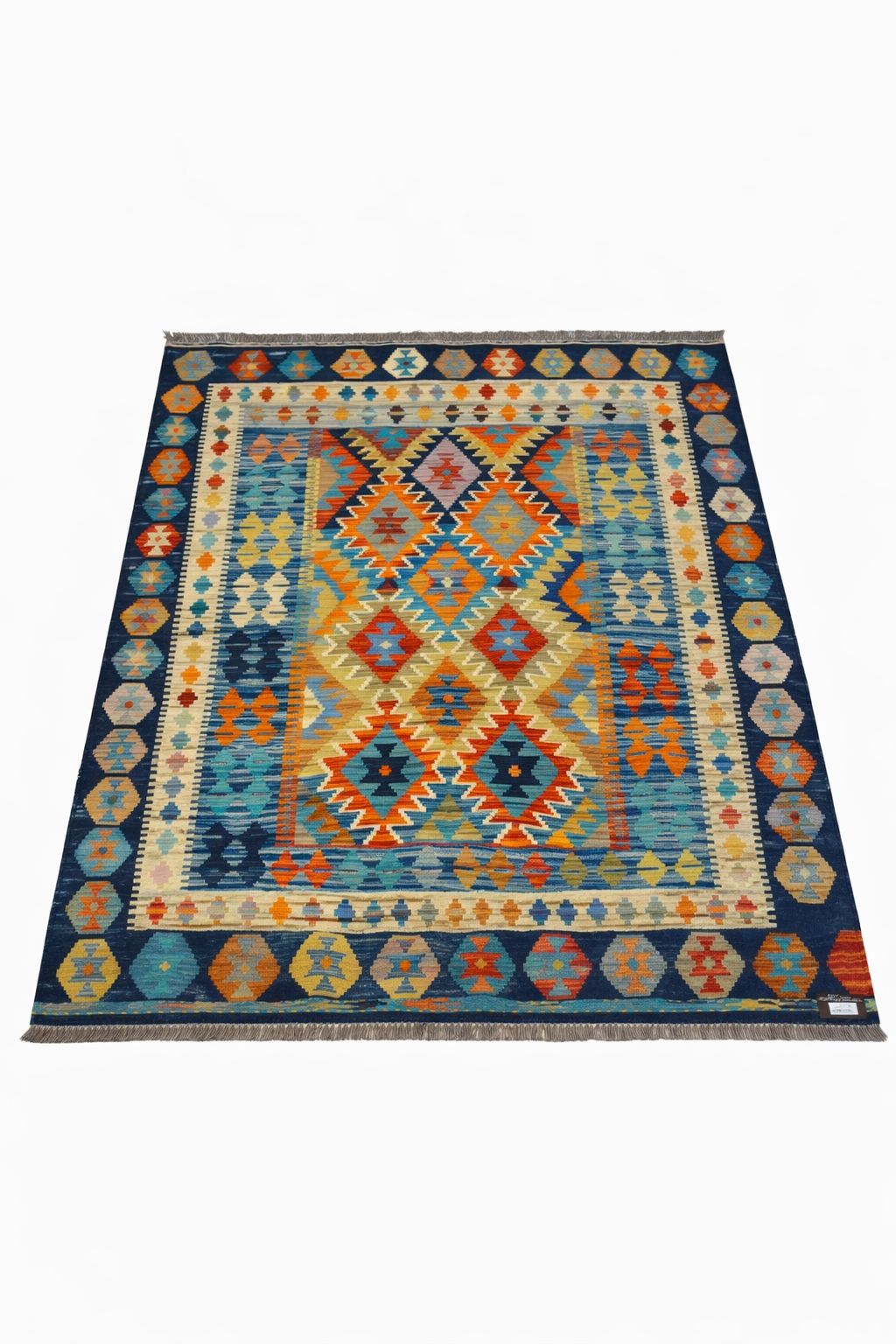 pakistani maimana kilim (5x7 feet) in royal blue & terracotta