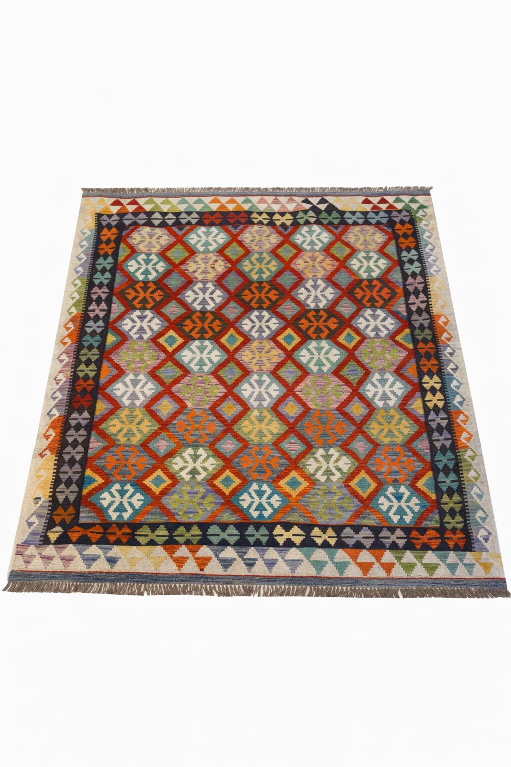 pakistani tribal kilim (5x7 feet) in terracotta, emerald & indigo