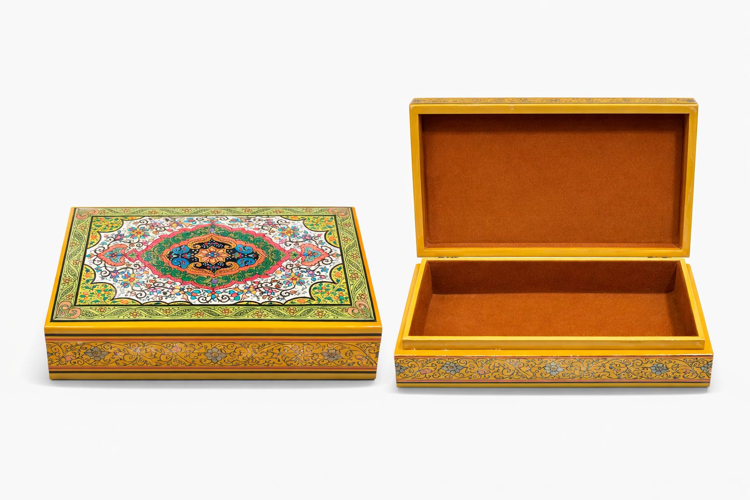 paper meche hand painted rectangular box yellow & multi color paper meche hand painted rectangular box yellow & multi color