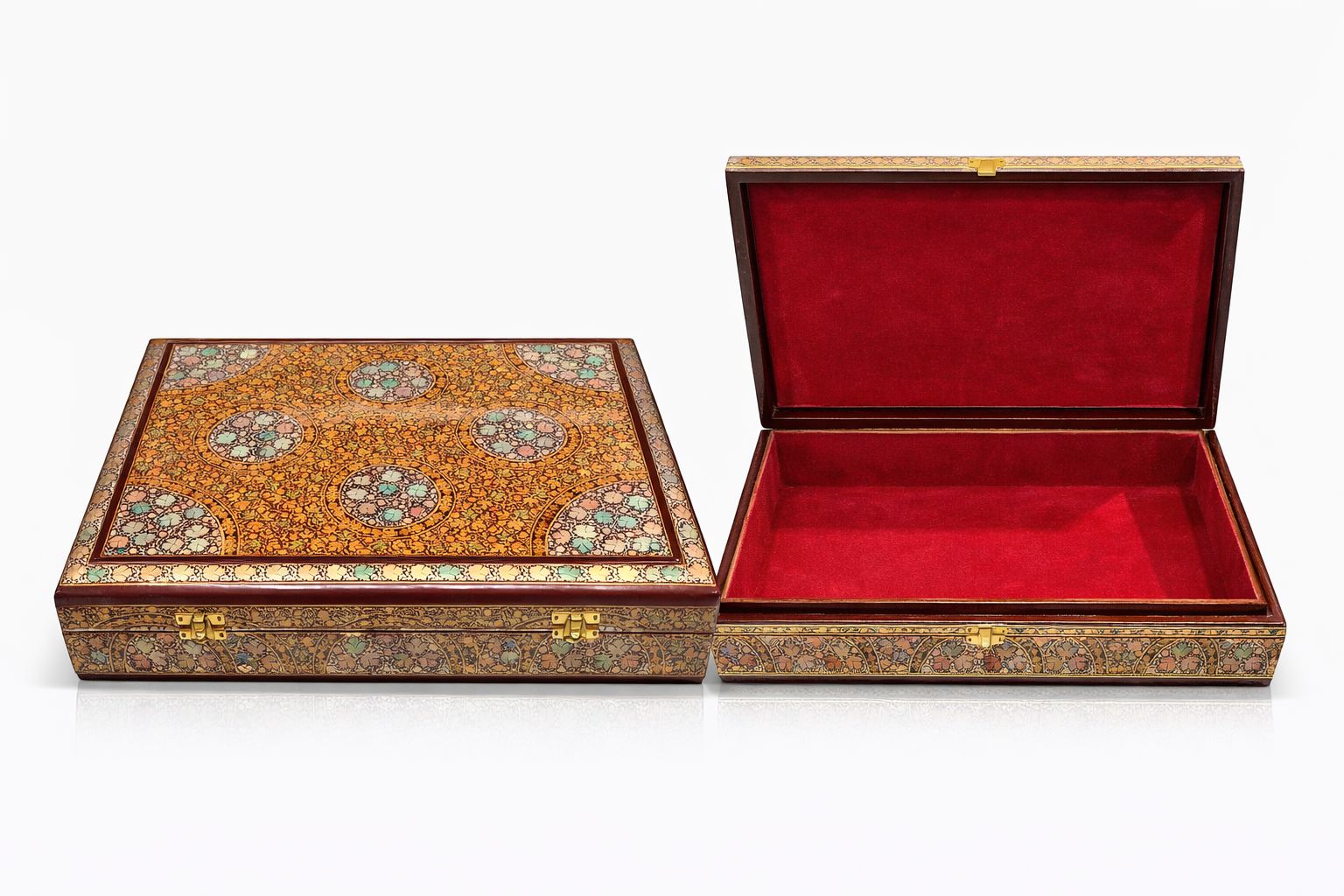 papier mâché storage box golden & red 15x12 inches