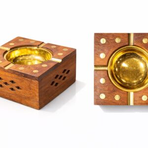 premium 1 piece handcrafted rosewood ashtray with brass inlay in natural brown finish