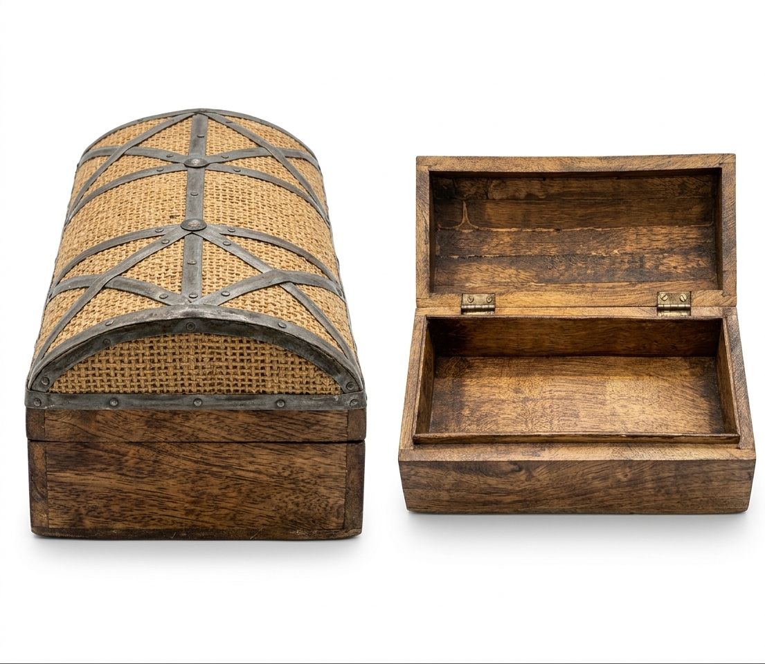 rustic wooden trunk box with burlap inlay