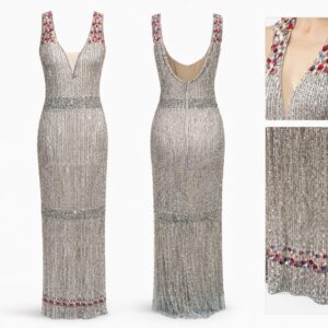 silver beaded italian evening gown with jewel accents size 38