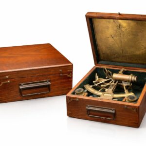 vintage brass nautical sextant in wooden box