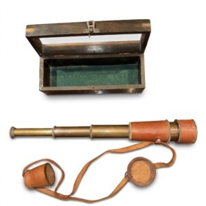 vintage brass telescope with leather case and wood box