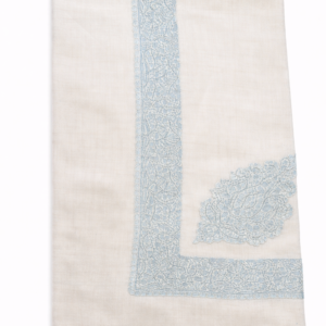 white pashmina shawl with light blue sozni hand embroidery