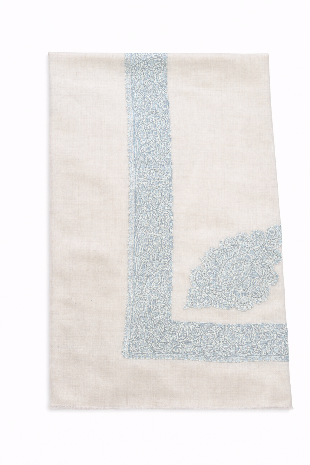 white pashmina shawl with light blue sozni hand embroidery