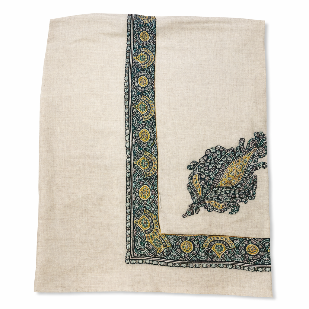 white pashmina shawl with yellow and multi tone silk needlework