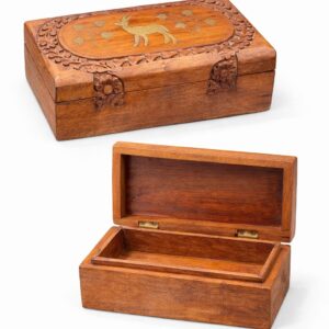 Hand Carved Wooden Box with Deer Brass Inlay Small