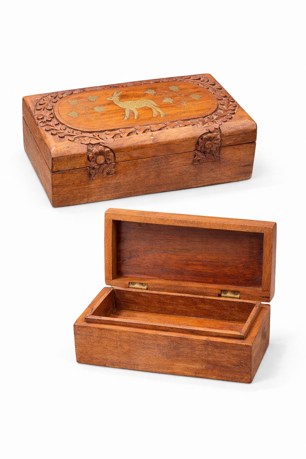 Hand Carved Wooden Box with Deer Brass Inlay Small