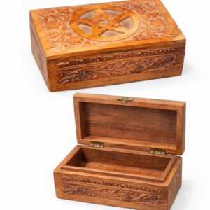 Hand-Carved Wooden Pentacle Jewelry Box (Small)