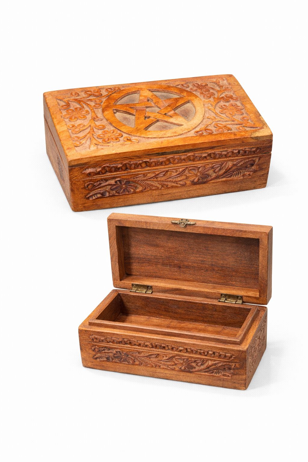 Hand-Carved Wooden Pentacle Jewelry Box (Small)