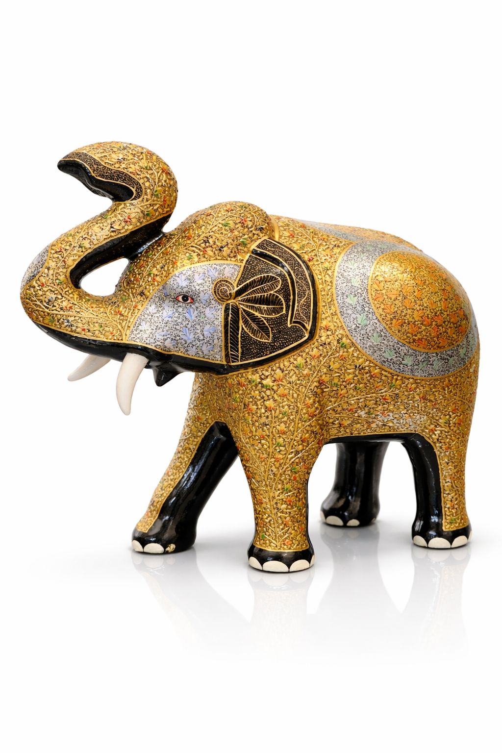Inch Royal Kashmiri Papier-Mâché Elephant (Hand-Painted Gold Naqashi)